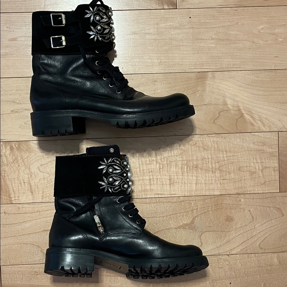 Rare Rene Caovilla Black Crystal Embellished Suede Combat Boots Size 38.5 - Picture 4 of 16